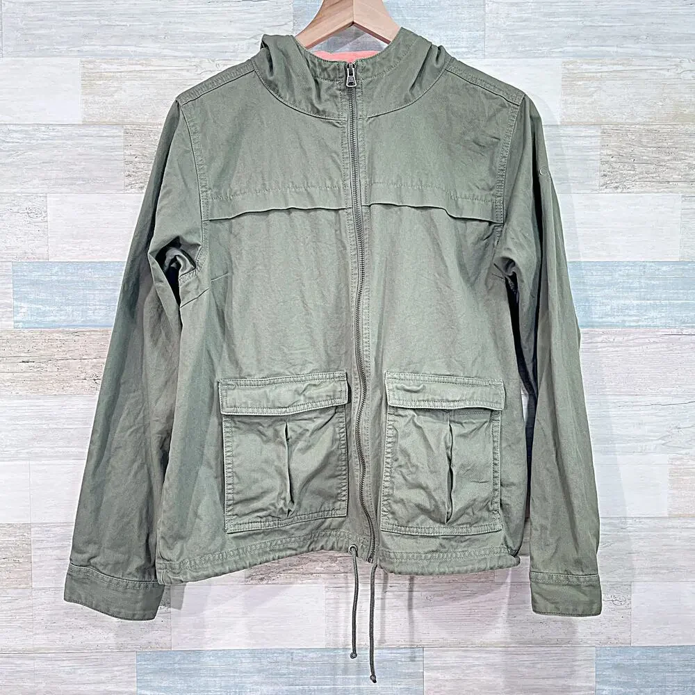 Columbia Hooded Utility Jacket Green Full Zip Pockets Cotton Twill Womens Medium - Picture 1 of 7